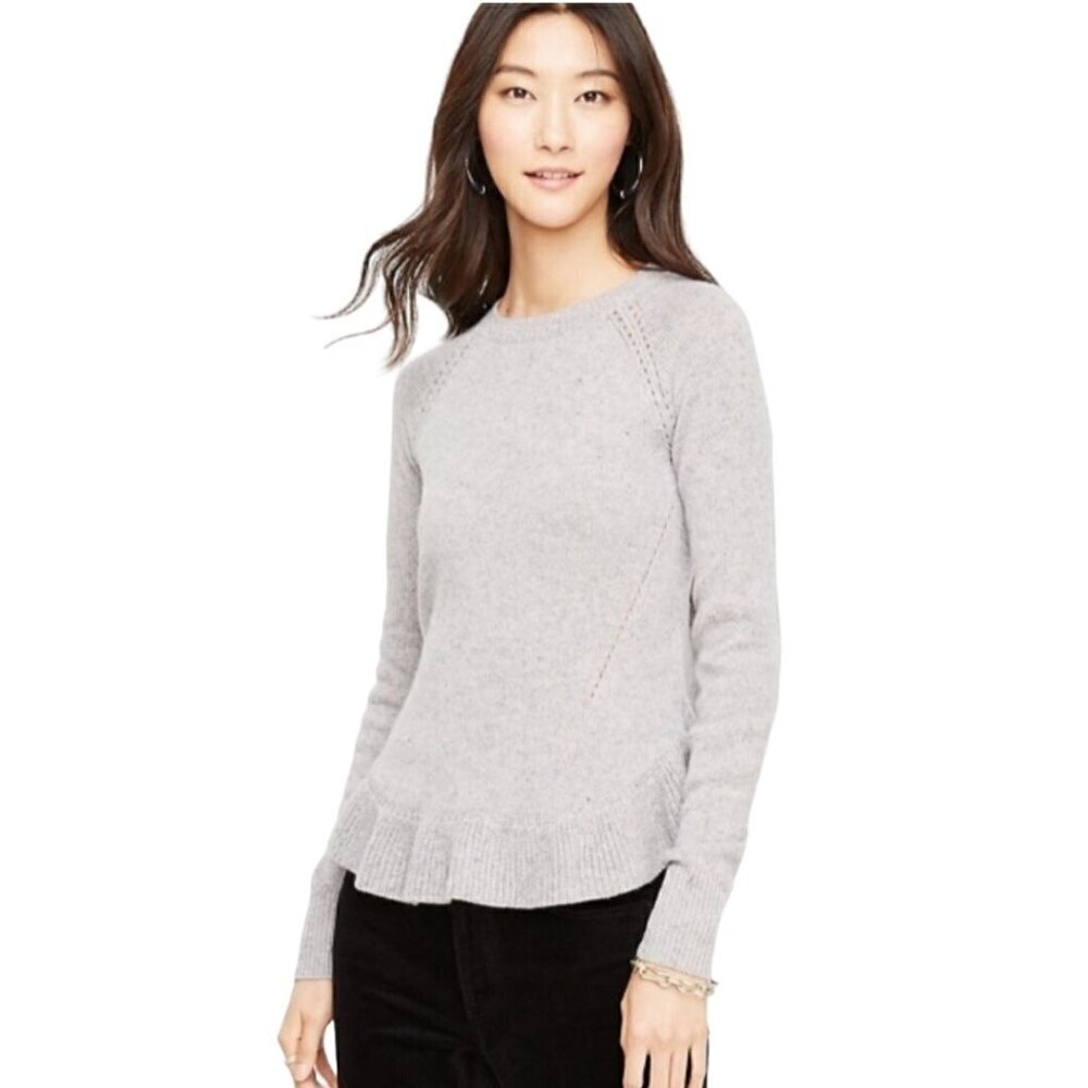 Ann Taylor Wool Cashmere Ruffled Hem Neutral Gray Sweater Size M